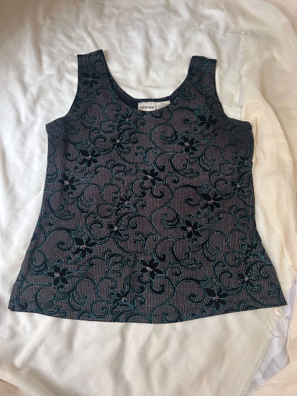Liz Baker Petite Medium Blue Flower Black White Dot Tank Top Y2k Vintage EUC 90s